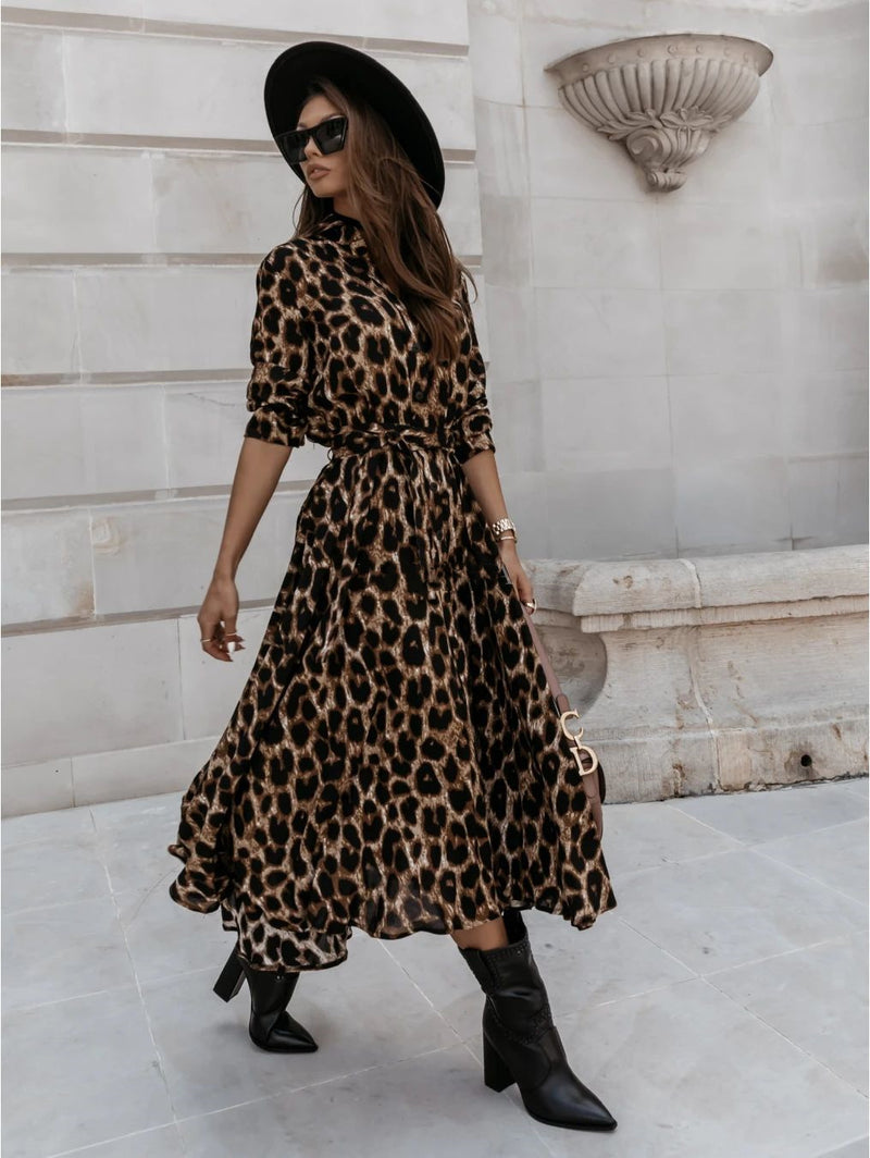 Long Sleeve Leopard Print Midi Dress